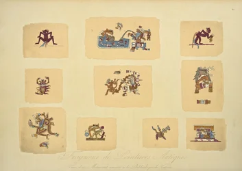 Frammenti di dipinti aztechi, dal manoscritto conservato nella Biblioteca Vaticana, illustrazione da Vues des Cordillères et Monumens des Peuples Indigènes de l